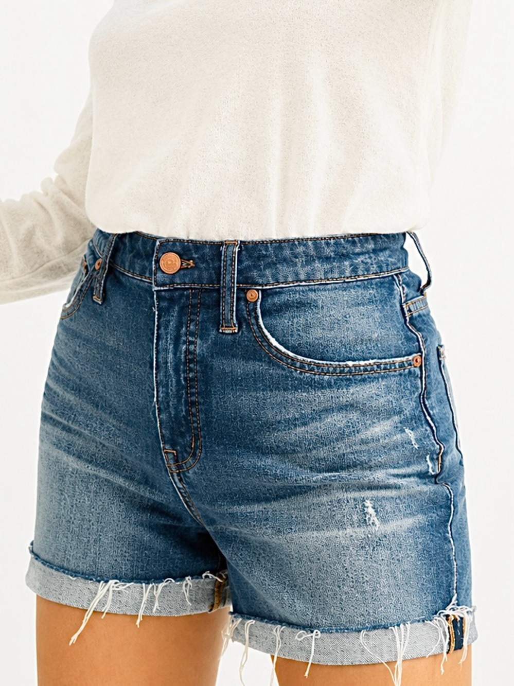 Madewell High Rise Perfect Jean Cutoff Shorts Blue Wash Distressed Denim Size 30